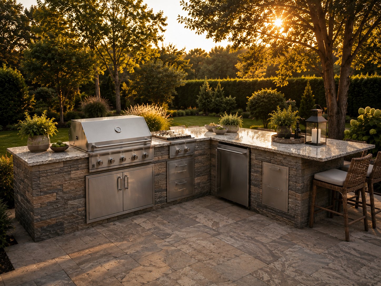 L-shaped outdoor kitchen island at sunset