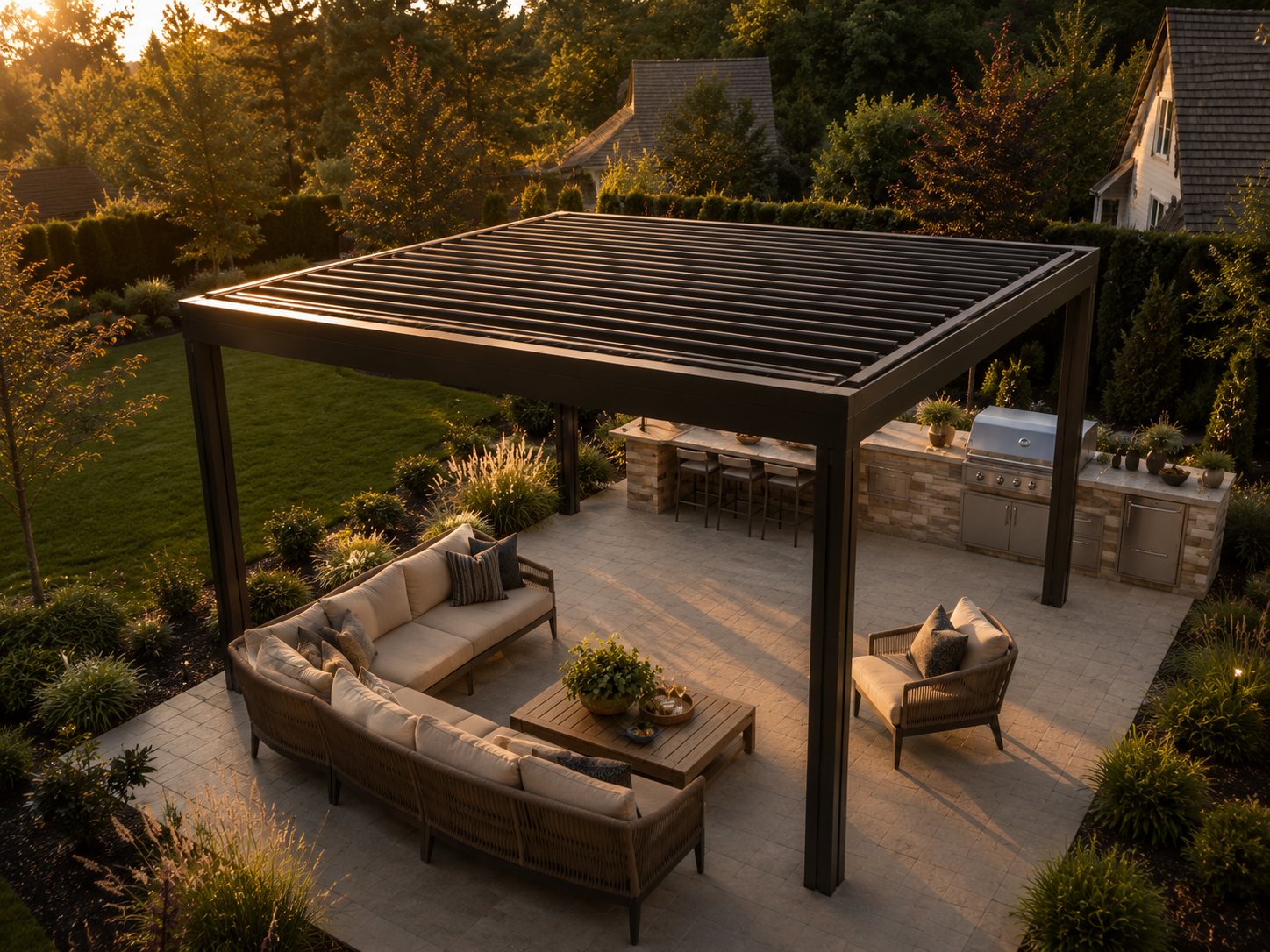 Premium motorized louvered pergola at golden hour