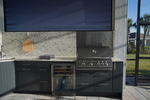 L-shaped outdoor kitchen cabinets with corner layout, sink, and beverage refrigerator