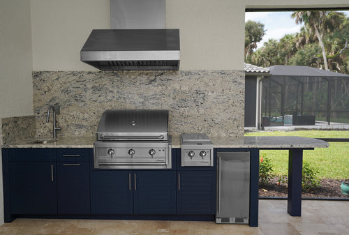Standard outdoor kitchen cabinets in Indigo with grill, side burner, and refrigerator column