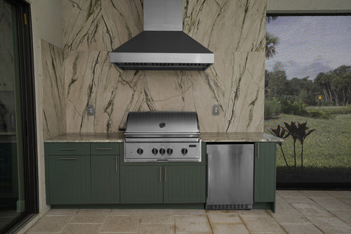 Outdoor kitchen cabinets in Basil green HDPE with built-in grill and stainless hood
