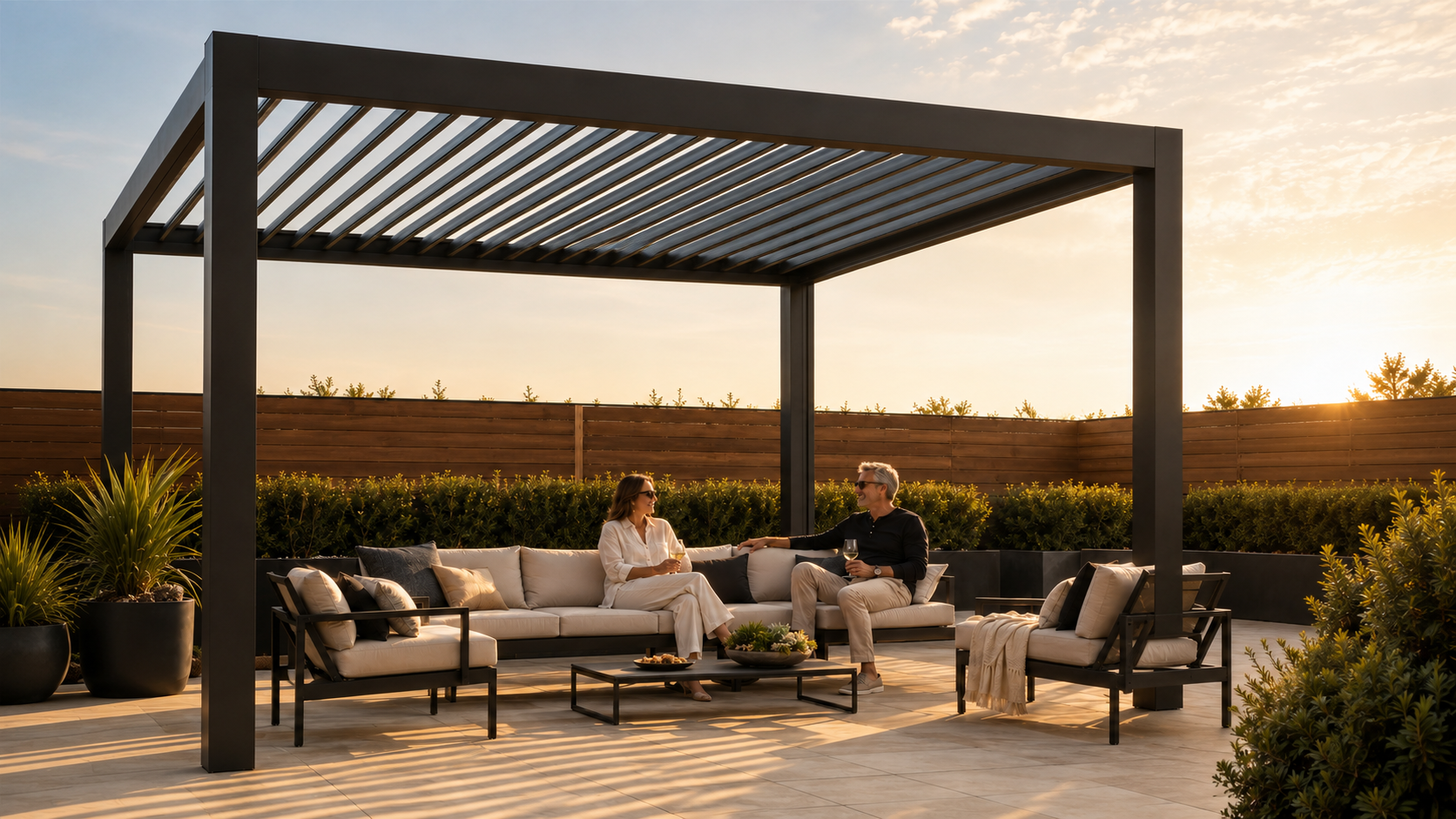 Louvered Pergolas collection hero -- premium outdoor living by The Yard Retreat