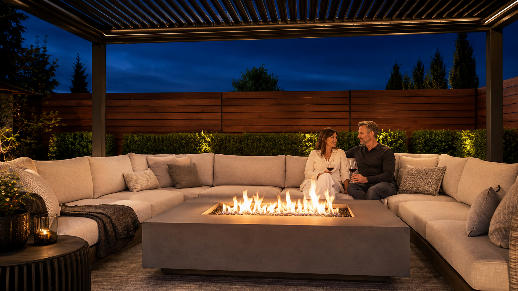 Gas Fire Pit Tables & Linear Fireplaces collection hero -- premium outdoor living by The Yard Retreat