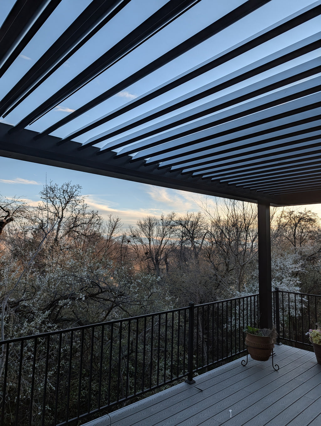 Looking up through open louvers of a Sundance All Season pergola with blue sky showing light transmission