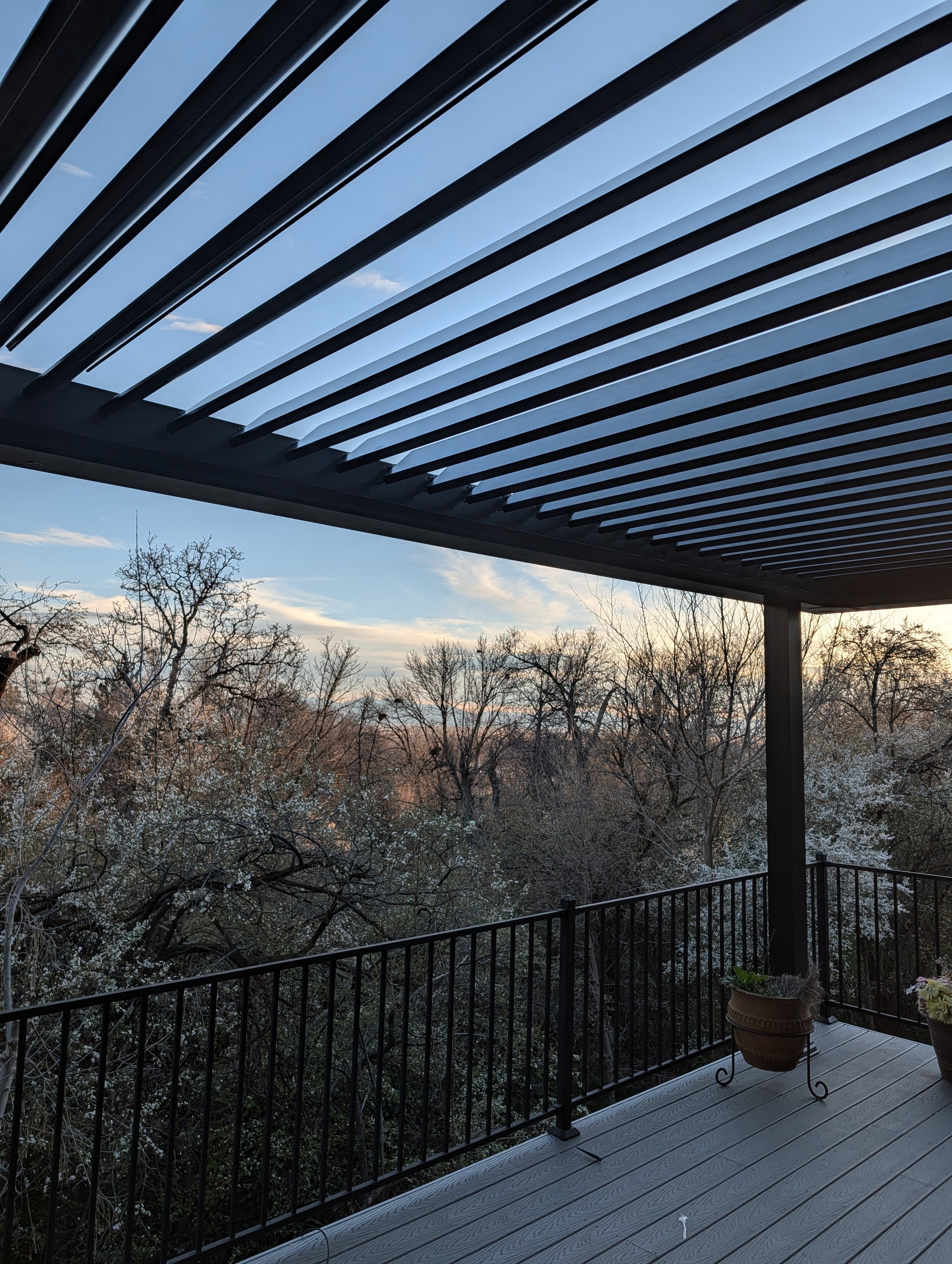 Looking up through open louvers of a Sundance All Season pergola with blue sky showing light transmission