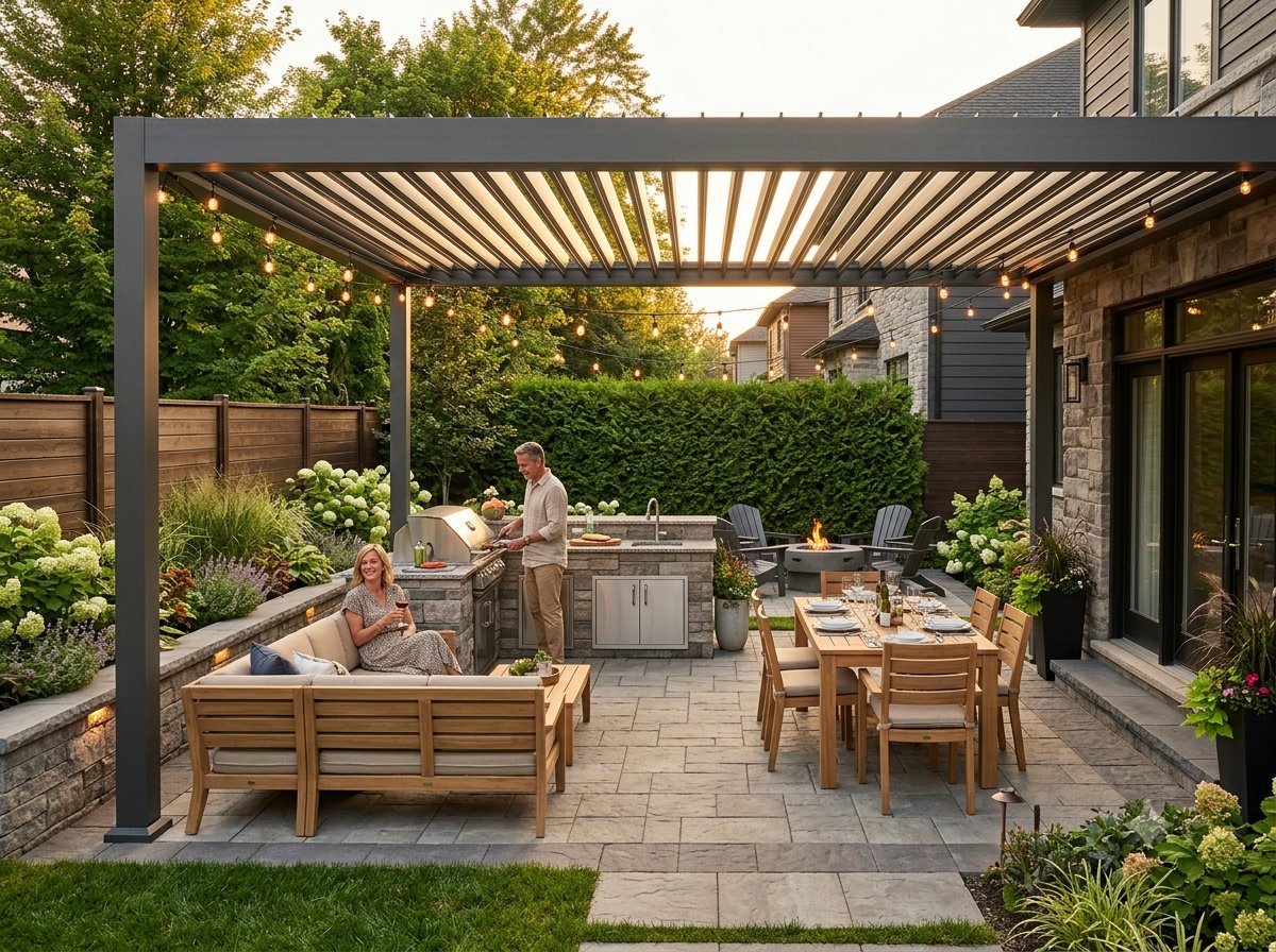 Complete outdoor retreat after transformation with louvered pergola and outdoor kitchen