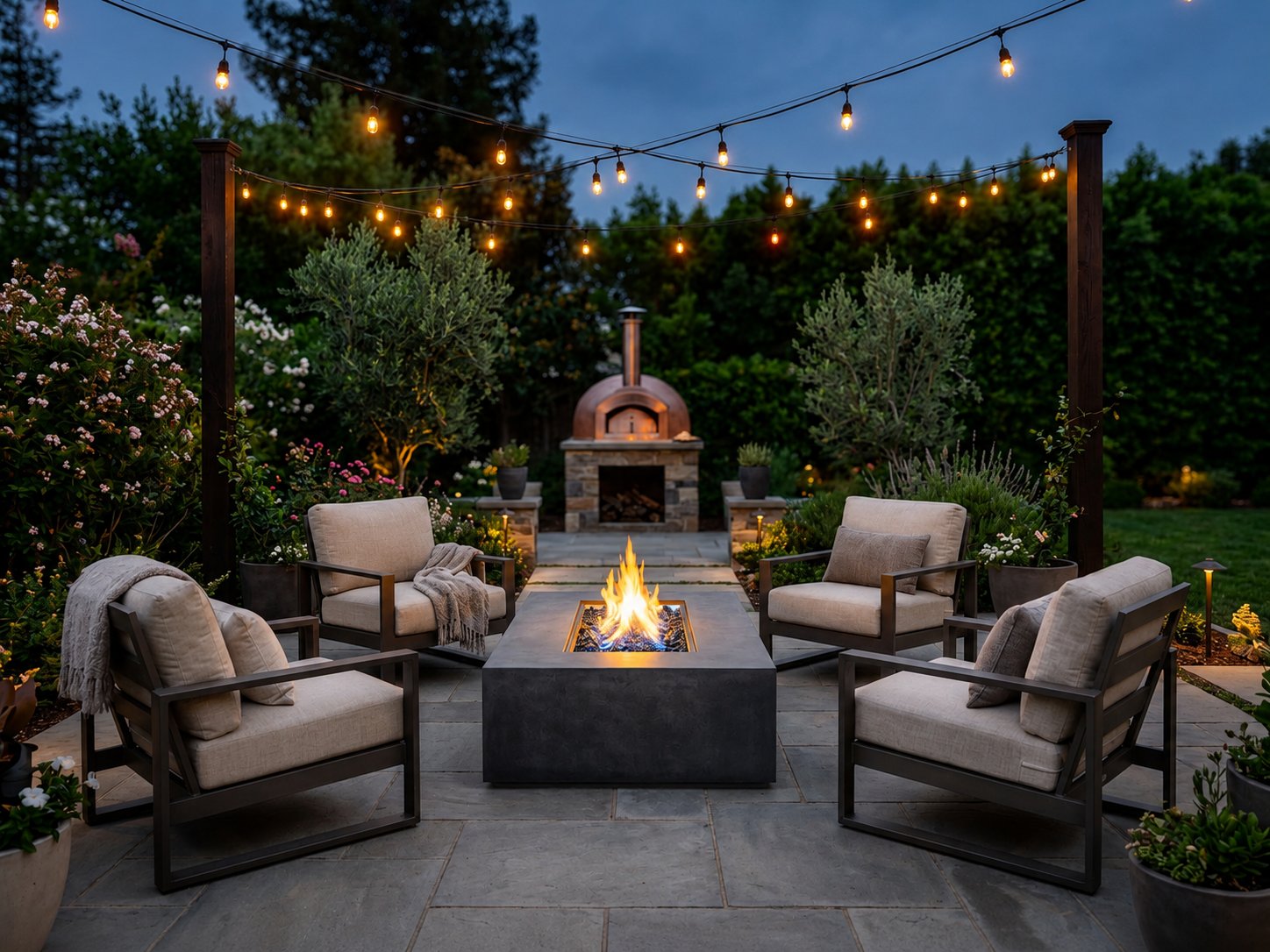 Gas fire pit table with pizza oven at dusk