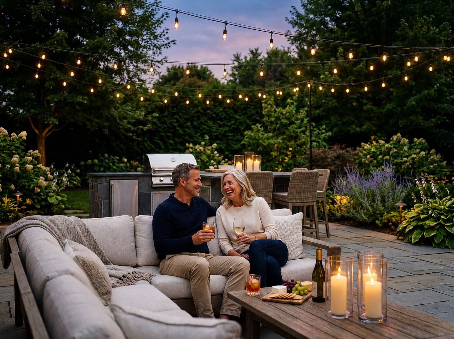 Couple enjoying their outdoor retreat at dusk